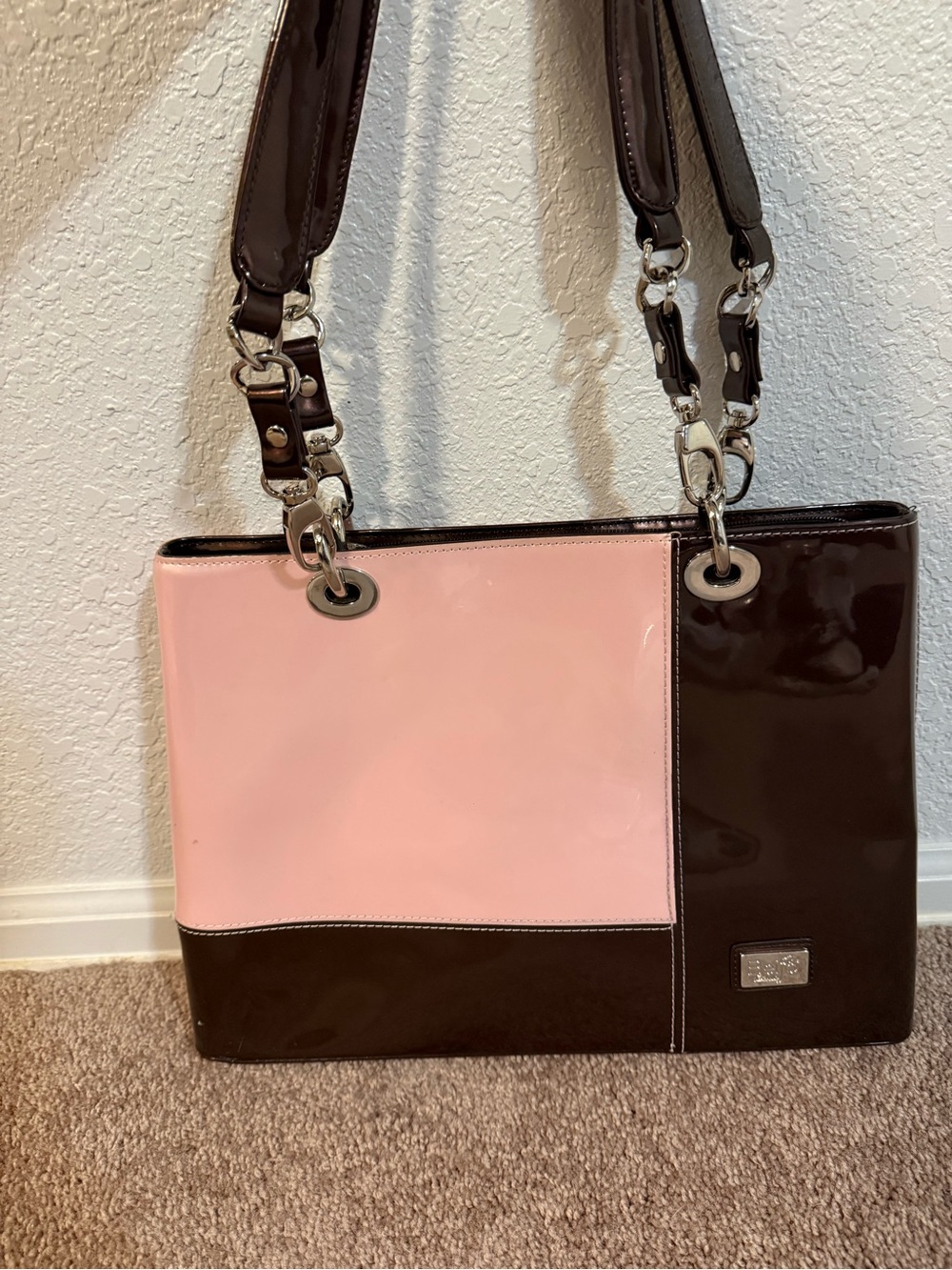 Beijo Pink and Brown Patent Two-Tone Shoulder Bag